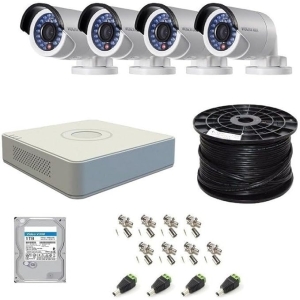 Hikvision 4 Channel Turbo DVR with 1TB HDD & 4 Cameras100 meter v-tel cable rg59 powersuply/and BNC / DC PLUG DIY CCTV Kit